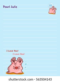 Vector printing paper note. Cute paper page for notebook, diary, letters, school notes, workbook. Kawaii illustration of pearl oyster. Tender blue background, lined sheet