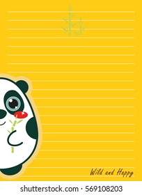 Vector printing paper note. Cute paper page for notebook, diary, letters, school notes, workbook. Kawaii illustration, flat panda and bamboo. Colored yellow background, lined sheet 