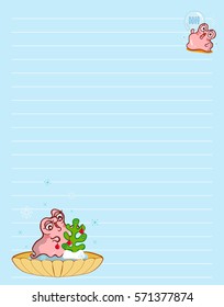 Vector printing paper note. Cute paper page for notebook, diary, letters, school notes, workbook. Kawaii illustration of pearl oyster with water bubbles. Bright colored background, lined sheet