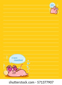 Vector printing paper note. Cute paper page for notebook, diary, letters, school notes, workbook. Kawaii illustration of pearl oyster with water bubbles. Bright colored background, lined sheet