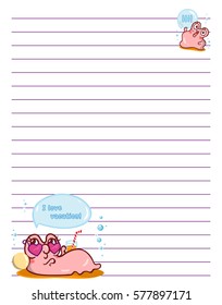 Vector printing paper note. Cute paper page for notebook, diary, letters, school notes, workbook. Kawaii illustration of pearl oyster. White background, violet lined sheet 