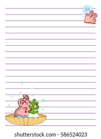 Vector printing paper note. Cute paper page for notebook, diary, letters, school notes, workbook. Kawaii illustration of pearl oyster. White background, violet lined sheet 