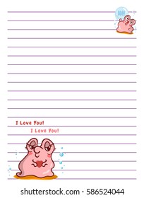 Vector printing paper note. Cute paper page for notebook, diary, letters, school notes, workbook. Kawaii illustration of pearl oyster. White background, violet lined sheet 