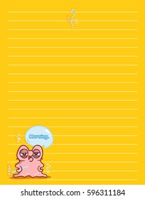 Vector printing paper note. Cute paper page for notebook, diary, letters, school notes, workbook. Kawaii illustration of grumpy pearl oyster, bubbles . Colored yellow background, lined sheet
