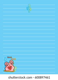 Vector printing paper note. Cute paper page for notebook, diary, letters, school notes, workbook. Kawaii illustration of pearl oyster with heart, bubbles. Colored blue background, lined sheet 