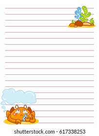 Vector printing paper note. Cute paper page for notebook, diary, letters, school notes, workbook. Kawaii illustration of funny crab with seaweeds, corals. White background, lined sheet