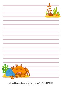 Vector printing paper note. Cute paper page for notebook, diary, letters, school notes, workbook. Kawaii illustration of funny crab with seaweeds, corals. White background, lined sheet