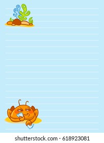 Vector printing paper note. Cute paper page for notebook, diary, letters, school notes, workbook. Different Kawaii illustration of funny crab with seaweeds, corals. Tender blue background, lined sheet