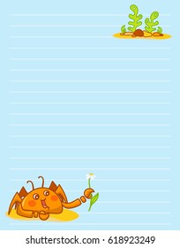 Vector printing paper note. Cute paper page for notebook, diary, letters, school notes, workbook. Different Kawaii illustration of funny crab with seaweeds, corals. Tender blue background, lined sheet