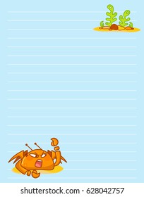 Vector printing paper note. Cute paper page for notebook, diary, letters, school notes, workbook. Kawaii illustration of funny crab with seaweeds, corals. Tender blue background, lined sheet