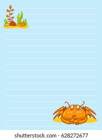 Vector printing paper note. Cute paper page for notebook, diary, letters, school notes, workbook. Kawaii illustration of funny crab with seaweeds, corals. Tender blue background, lined sheet 
