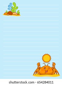 Vector printing paper note. Cute paper page for notebook, diary, letters, school notes, workbook. Kawaii illustration of funny crab with seaweeds, corals. Tender blue background, lined sheet