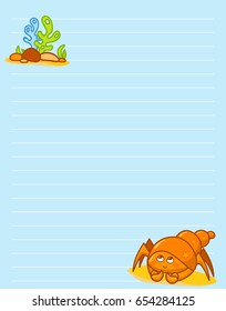 Vector printing paper note. Cute paper page for notebook, diary, letters, school notes, workbook. Kawaii illustration of funny crab with seaweeds, corals. Tender blue background, lined sheet