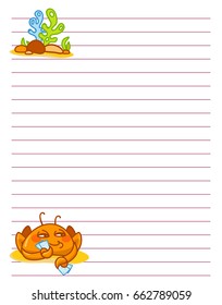 Vector printing paper note. Cute paper page for notebook, diary, letters, school notes, workbook. Kawaii illustration of funny crab with seaweeds, corals. White background, lined sheet