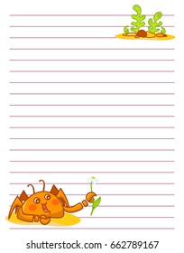Vector printing paper note. Cute paper page for notebook, diary, letters, school notes, workbook. Kawaii illustration of funny crab with seaweeds, corals. White background, lined sheet