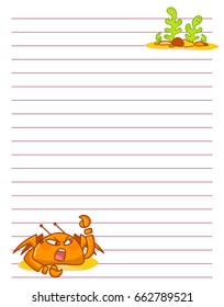 Vector printing paper note. Cute paper page for notebook, diary, letters, school notes, workbook. Kawaii illustration of funny crab with seaweeds, corals. White background, lined sheet