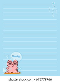Vector printing paper note. Cute paper page for notebook, diary, letters, school notes, workbook. Kawaii illustration of pearl oyster with water bubbles. Colored light blue background, lined sheet