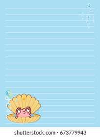 Vector printing paper note. Cute paper page for notebook, diary, letters, school notes, workbook. Kawaii illustration of pearl oyster with water bubbles. Colored light blue background, lined sheet