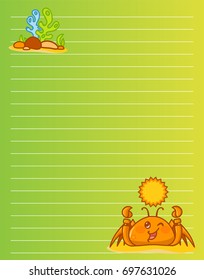 Vector printing paper note. Cute paper page for notebook, diary, letters, school notes, workbook. Kawaii illustration of happy crab with seaweeds, corals. Colored green background, lined sheet