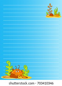 Vector printing paper note. Cute paper page for notebook, diary, letters, school notes, workbook. Kawaii illustration of happy crab with seaweeds, corals. Colored blue background, lined sheet