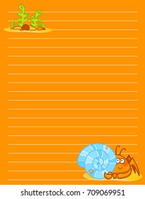 Vector printing paper note. Cute paper page for notebook, diary, letters, school notes, workbook. Kawaii illustration of crab with shell, seaweeds, corals. Colored orange background, lined sheet