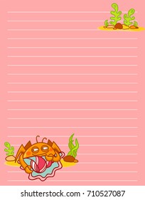 Vector printing paper note. Cute paper page for notebook, diary, letters, school notes, workbook. Kawaii illustration of sly crab with seaweeds, corals. Colored pink background, lined sheet