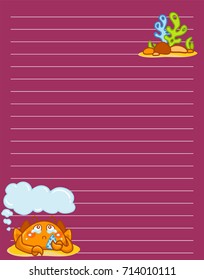 Vector printing paper note. Cute paper page for notebook, diary, letters, school notes, workbook. Kawaii illustration of weeping crab with seaweed, corals. Colored lilac background, lined sheet