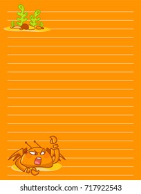 Vector printing paper note. Cute paper page for notebook, diary, letters, school notes, workbook. Kawaii illustration of angry crab with seaweeds, corals. Colored orange background, lined sheet
