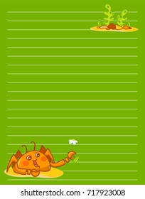 Vector printing paper note. Cute paper page for notebook, diary, letters, school notes, workbook. Kawaii illustration of smiling crab with seaweeds, corals. Colored green background, lined sheet