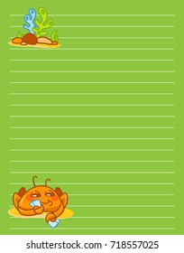 Vector printing paper note. Cute paper page for notebook, diary, letters, school notes, workbook. Kawaii illustration of sly crab with seaweeds, corals. Colored green background, lined sheet