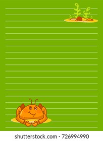 Vector printing paper note. Cute paper page for notebook, diary, letters, school notes, workbook. Kawaii illustration of crab with seaweeds, corals. Colored green background, lined sheet