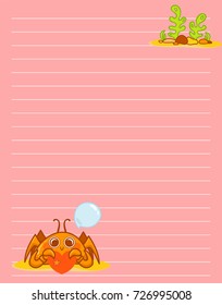 Vector printing paper note. Cute paper page for notebook, diary, letters, school notes, workbook. Kawaii illustration of lovely crab with seaweeds, corals. Colored pink background, lined sheet