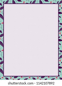Vector printing paper note with dotted sheet for bullet journal. Optimal A4 size. Kawaii paper for notebook, diary, planners, letters, notes. Flourish background with flowers, leaves