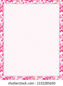 Vector printing paper note with dotted sheet for bullet journal. Optimal A4 size. Kawaii paper for notebook, diary, planners, letters, notes. Flourish background with flowers, leaves. Bright colors