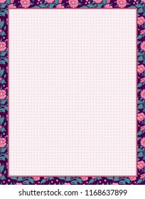 Vector printing paper note with dotted sheet for bullet journal. Optimal A4 size. Kawaii paper for notebook, diary, planners, letters, notes. Flourish background with flowers, leaves.