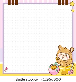 Vector printing paper note with dotted sheet (bullet journal style). Design for square notebook, diary, letters, planners, notes. Kawaii anime Llama with gift box and flowers on yellow-pink background