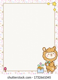 Vector printing paper note with dotted sheet (bullet journal style) for notebook, diary, letters, planners, notes. Kawaii anime Llama on geometric triangles background, stars and plants, A4 size
