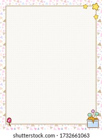 Vector printing paper note with dotted sheet (bullet journal style) for notebook, diary, letters, planners, notes. Kawaii flower pot on geometric triangles background, stars, mushroom, A4 size