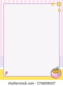 Vector printing paper note with dotted sheet (bullet journal style) for notebook, diary, letters, planners, notes. Kawaii pot with plants on yellow-pink background, stars, mushrooms, A4 size  