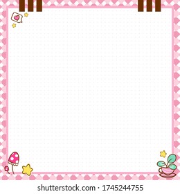 Vector printing paper note with dotted sheet (bullet journal style). Design for square notebook, diary, letters, planners, notes. Kawaii plant in teacup on cute pink background, stars