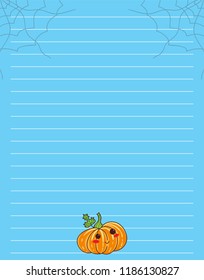 Vector printing paper note. Kawaii paper page for notebook, letters, school notes, workbook. Cute Halloween Pumpkin with leaf and spiderweb. Colored blue background, lined sheet, A4 size