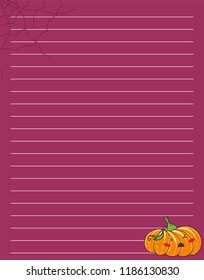 Vector printing paper note. Kawaii paper page for notebook, letters, school notes, workbook. Scare Halloween Pumpkin with spiderweb. Colored violet background, lined sheet, A4 size
