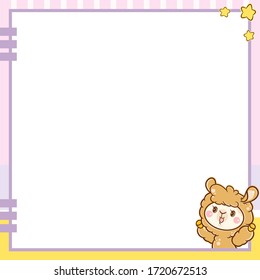 Vector printing paper note. Kawaii blank for drawing, sketchbook, notebook, diary, letters, planners, notes.  Cute design with yellow-pink background, clips, stars and alpaca on paper