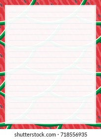 Vector printing paper note. Kawaii paper page for notebook, diary, letters, notes, workbook. Cute illustration with tasty piece of watermelons. A4 size