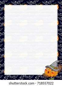 Vector printing paper note. Kawaii paper page for notebook, diary, letters, notes, workbook. Halloween illustration with pumpkins, bats, leaves. A4 size, different elements in each art