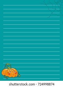 Vector printing paper note. Kawaii paper page for notebook, letters, school notes, workbook. Sad Halloween Pumpkin with tears and spiderweb. Colored green background, lined sheet, A4 size