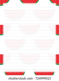 Vector printing paper note. Kawaii paper page for notebook, diary, letters, notes, workbook. Cute illustration with tasty piece of watermelons. A4 size