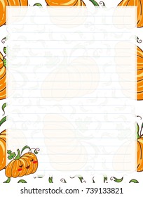 Vector printing paper note. Kawaii paper page for notebook, diary, letters, notes, workbook. Cute illustration with pumpkins and leaves on white background. A4 size 