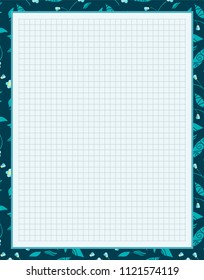 Vector printing paper note, optimal A4 size. Kawaii paper for notebook, diary, planners, letters, notes. Squared paper sheet, with tiny little forget-me-not flowers and leaves.