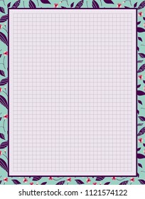 Vector printing paper note, optimal A4 size. Kawaii paper for notebook, diary, planners, letters, notes. Squared paper sheet, with tiny little forget-me-not flowers and leaves.